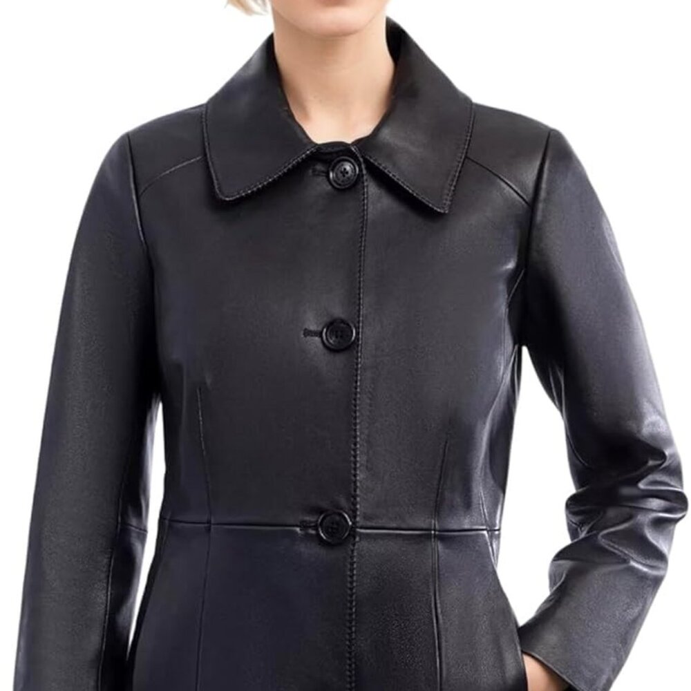 Anne Klein Women's Black Button-Front Genuine Leather Jacket Sz PXS Mint